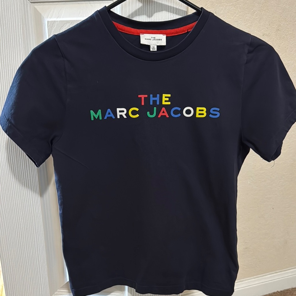 Marc Jacobs Blue and Red Short Sleeve Tee with Vibrant Logo